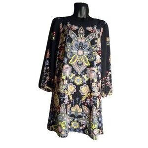 Ann Taylor LOFT Knee Length Black Colorful Floral Print Dress BOHO Chic Size XS